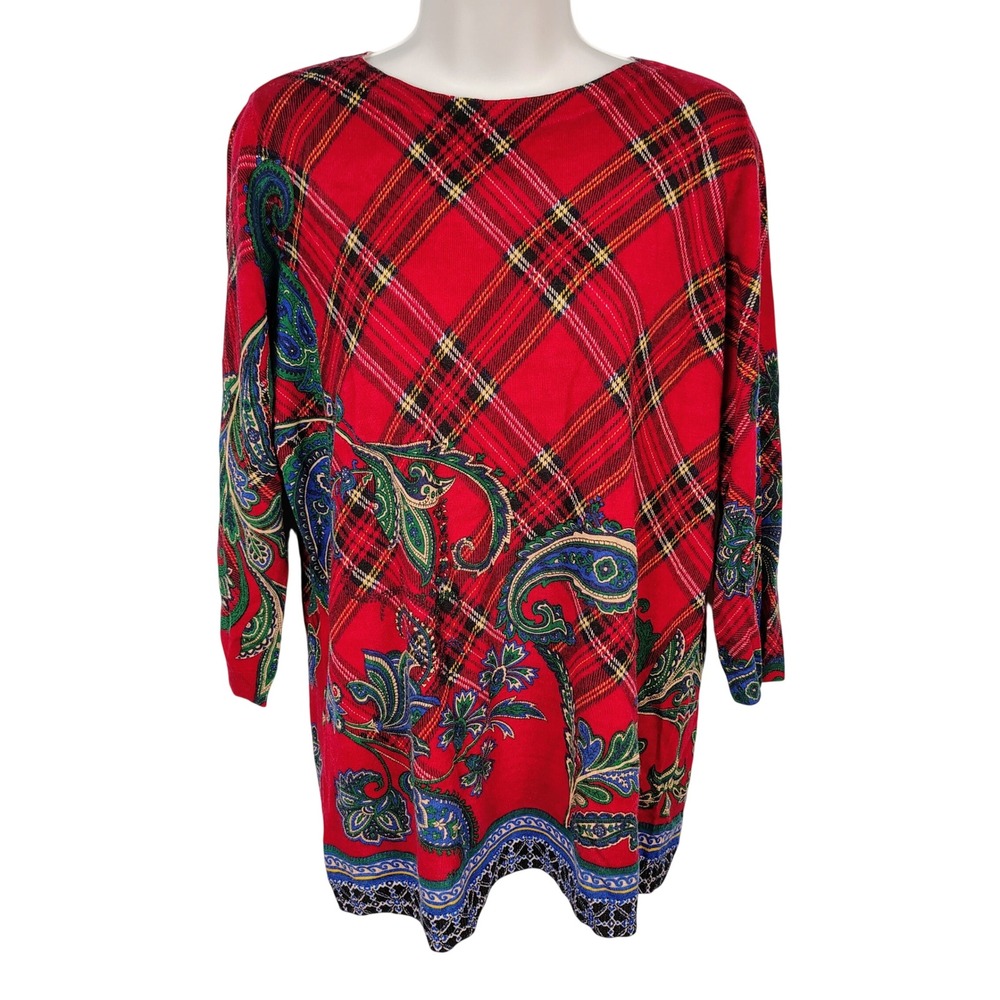 Talbots Plus Red Plaid Paisley Merino Wool Sweater 1X Boat Neck 3/4 Sleeve